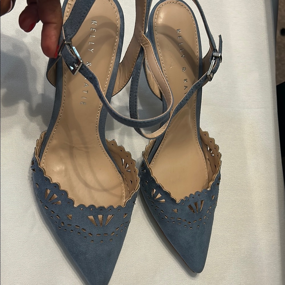 Kelly & Katie Blue Pointed Toe Scalloped Ankle Strap Heels - Picture 4 of 5